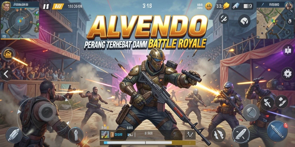 Screenshot utama ALVENDO menampilkan pertempuran seru di peta Battle Royale.